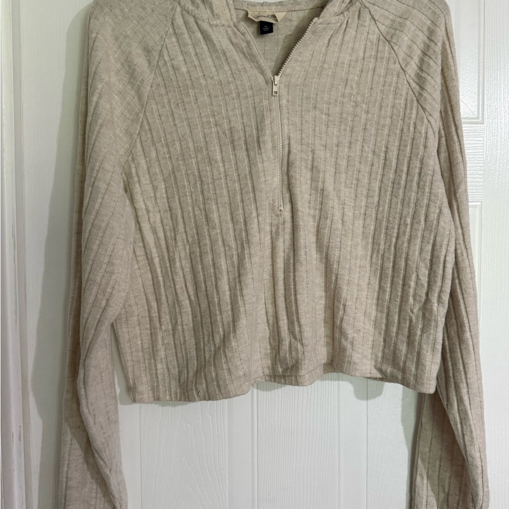 Beige Ribbed Zip-Up Sweater